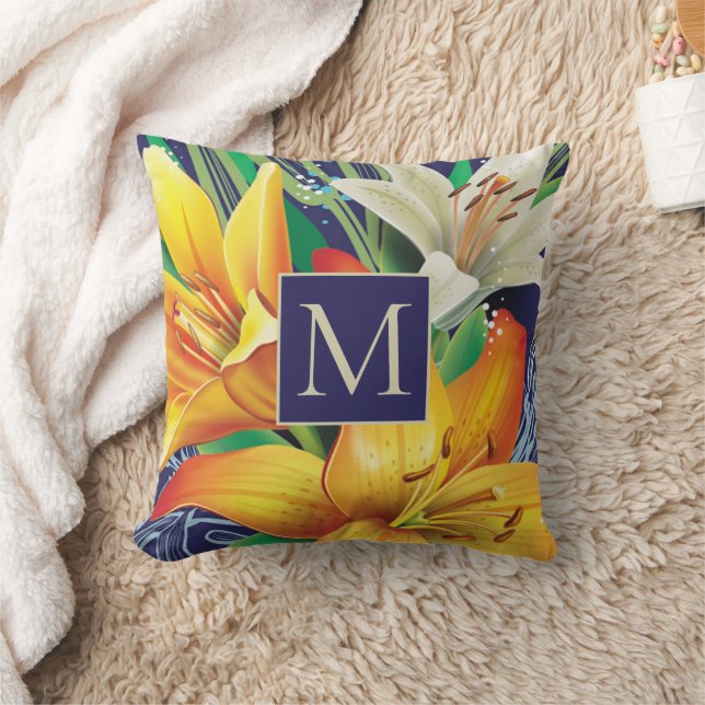 Coussin Lilies Blanches Orange Monogramme Bleu Marine Flor (Couverture)