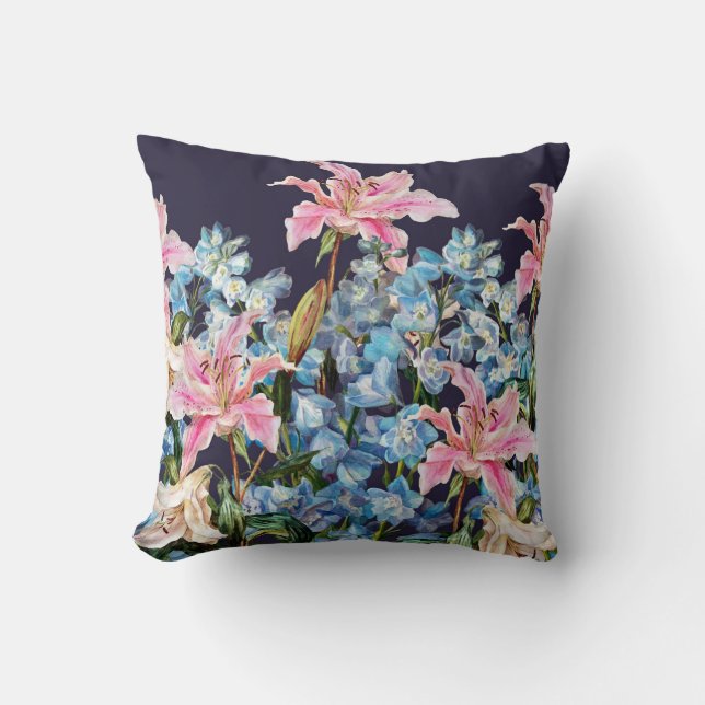 Coussin Lilies, bordure delphiniums : peinture aquarelle. (Recto)