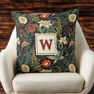 Coussin Lilies Dahlias Monogramme Floral Rouge Blanc Vert