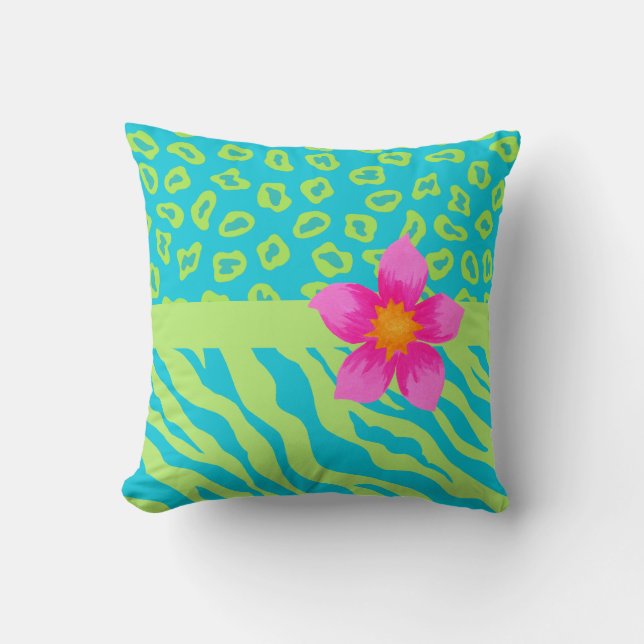 Coussin Lime Green & Turquoise Zebra & Cheetah Pink Flower (Recto)