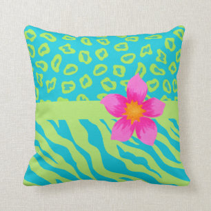 Coussin Lime Green & Turquoise Zebra & Cheetah Pink Flower