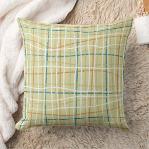 Coussin Lime Ochre Turquoise et off White Plaid Design Cou