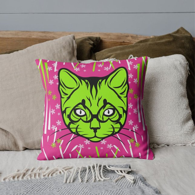 Coussin Lime rose blanc noir moderne motif chat personnali (Créateur téléchargé)
