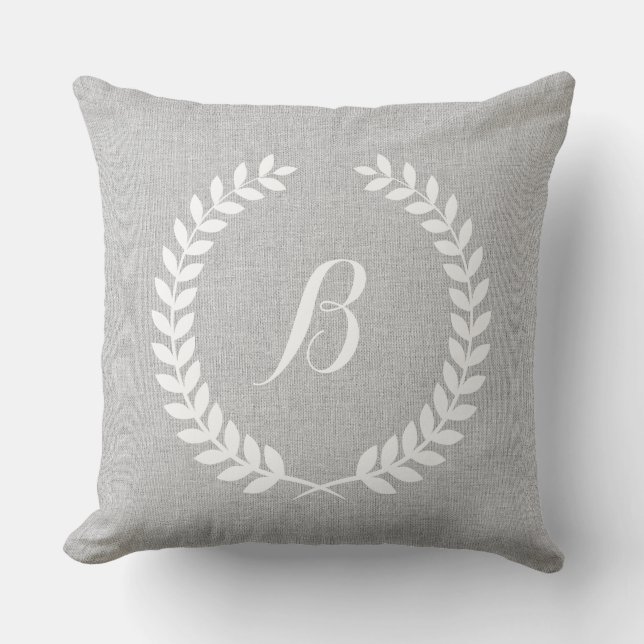 Coussin Lin gris clair monogramme et couronne florale blan (Recto)
