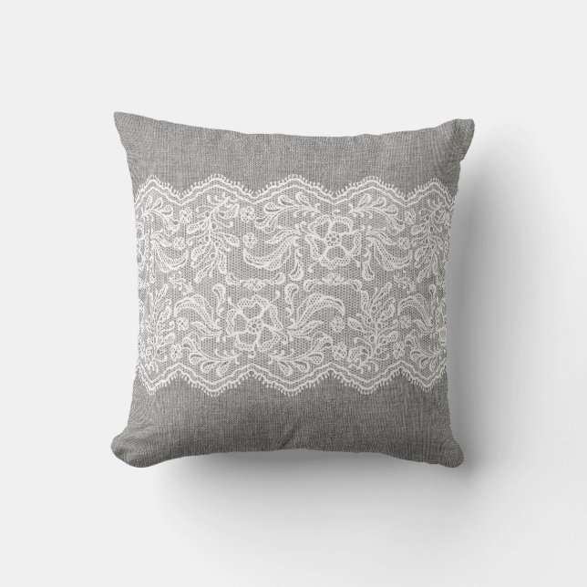 Coussin Lin gris et dentelle blanche Vintage (Recto)