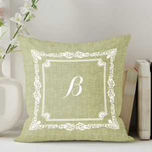 Coussin Lin vert cadre blanc monogramme