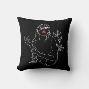 Coussin Line Art illustration. Femme en noir et blanc