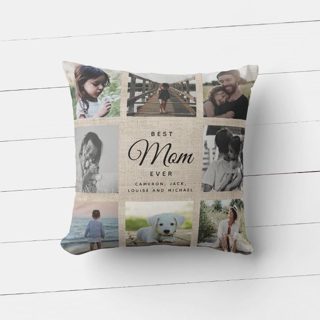 Coussin Linen Rustic Fête des Mères Maman Famille Photo Co (Créateur téléchargé)