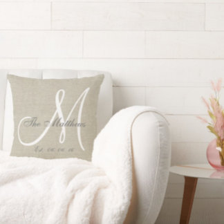 Coussin Linge Beige Gris Blanc Monogramme Famille