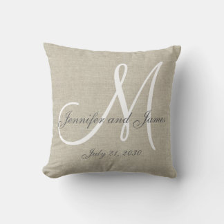 Coussin Linge beige Gris Blanc Monogramme Mariage Keepsaké