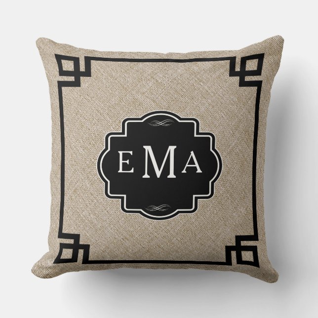 Coussin Linge Beige Monographié Avec Cadre Noir (Recto)