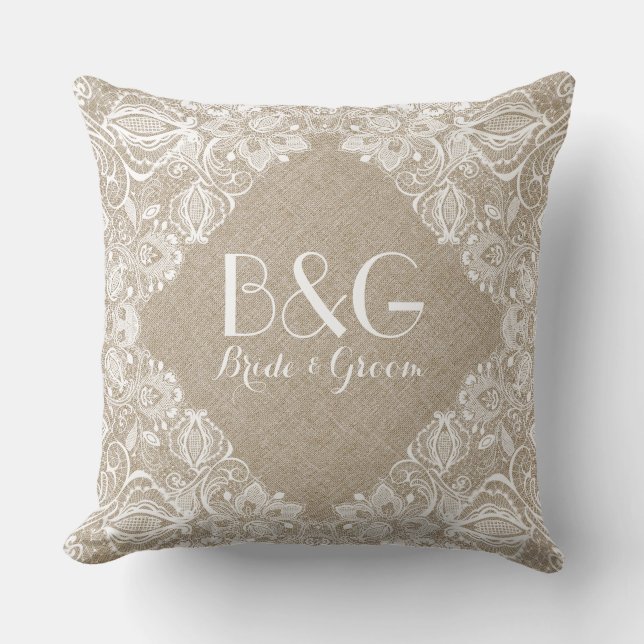 Coussin Linge Beige Monographié Et Cadre En Dentelle Blanc (Recto)