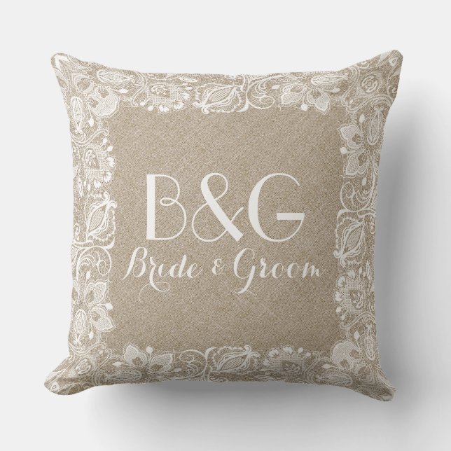 Coussin Linge Beige Monographié Et Cadre En Dentelle Blanc (Recto)