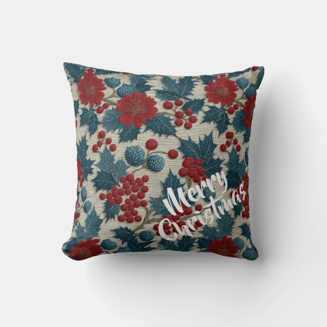 Coussin Linge botanique vintage Noël baies rouges (Recto)