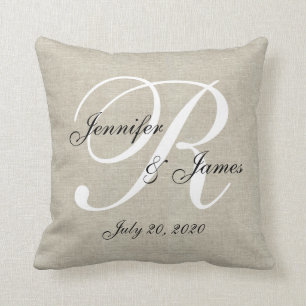 Coussin Linge de lit beige Monogramme blanc Mariage Keepsa