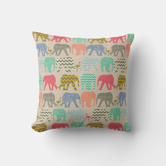 Coussin linge de maison éléphants et flamants (Recto)