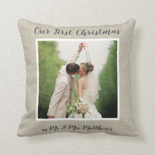 Coussin Linge rustique premier Noël des jeunes mariés phot