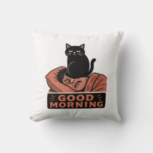 Coussin Linogravure Chat Noir Sarcasique Mème Bonjour