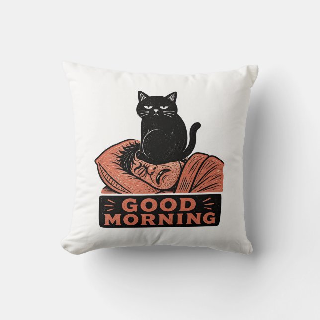 Coussin Linogravure Chat Noir Sarcasique Mème Bonjour (Recto)