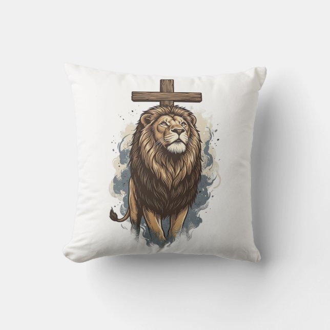 Coussin Lion chrétien et croix vintage (Recto)