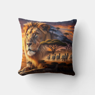 Coussin Lion d'Afrique & Zèbre Coucher de soleil Girafe Or