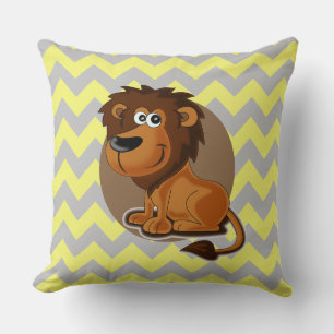 Coussin Lion de dessin animé sur motif chevron pour une jo