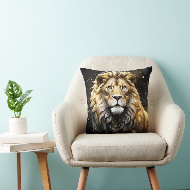 Coussin Lion Mâle Majestic D'Or Et De Gris, (Chaise)