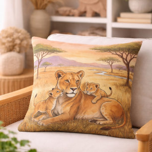 Coussin Lion Maman Et Son Petit Safari Animaux 