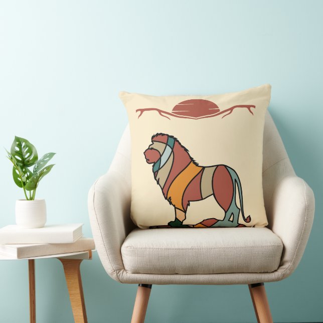 Coussin Lion Paisible de la Savane Abstrait Moderne Terreu (Chaise)