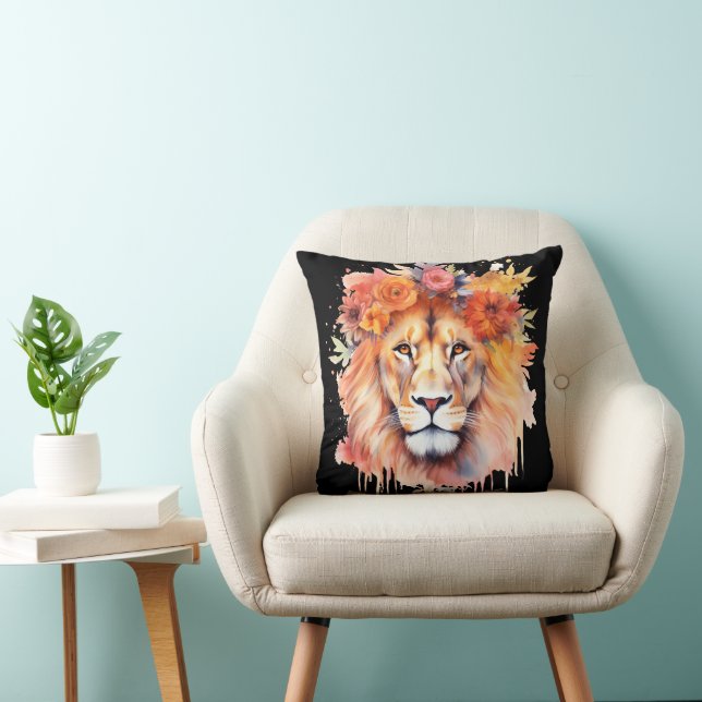Coussin Lion Pastel Fleurs Safari Aquarelle Savannah Chat (Chaise)