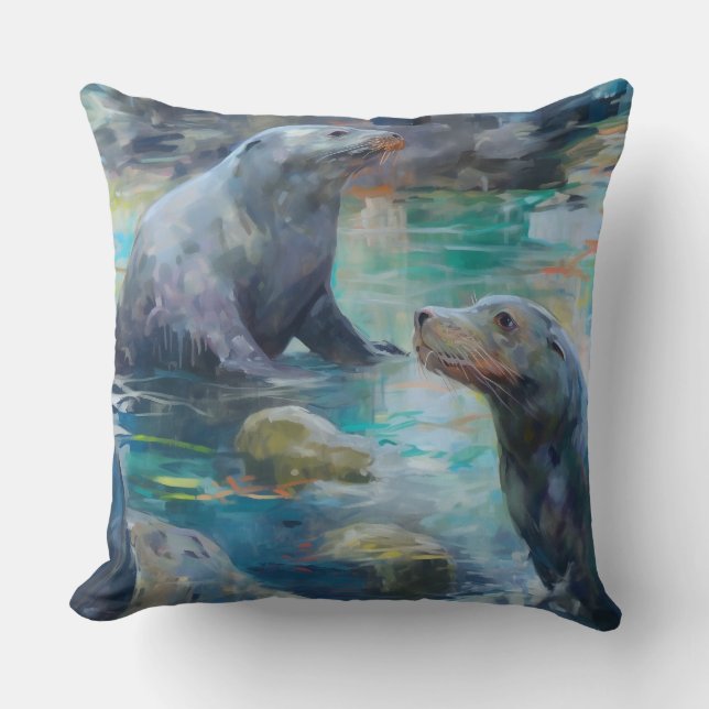 Coussin Lions de mer assis sur les rochers dans l'eau Turq (Recto)