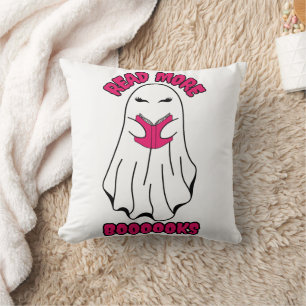 Coussin Lire plus Livres Halloween Ghost Pink