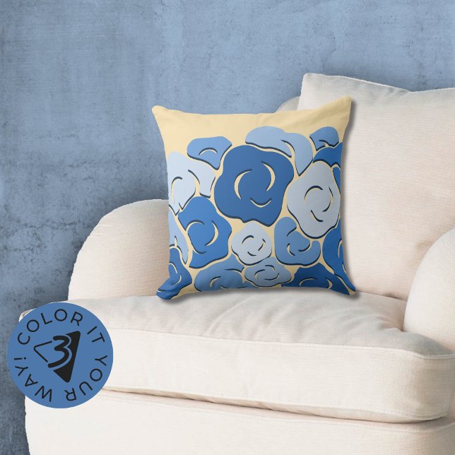 Coussin Lit Fleur Moderne Stylisé Bleu & Jaune (Modern Stylized Flower Bed Blue & Yellow Throw Pillow, Color Customize)