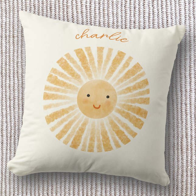 Coussin Little Sunshine Personnalisé (Happy little watercolor sunshine personalized custom name throw pillow, ideal for nursery decor)