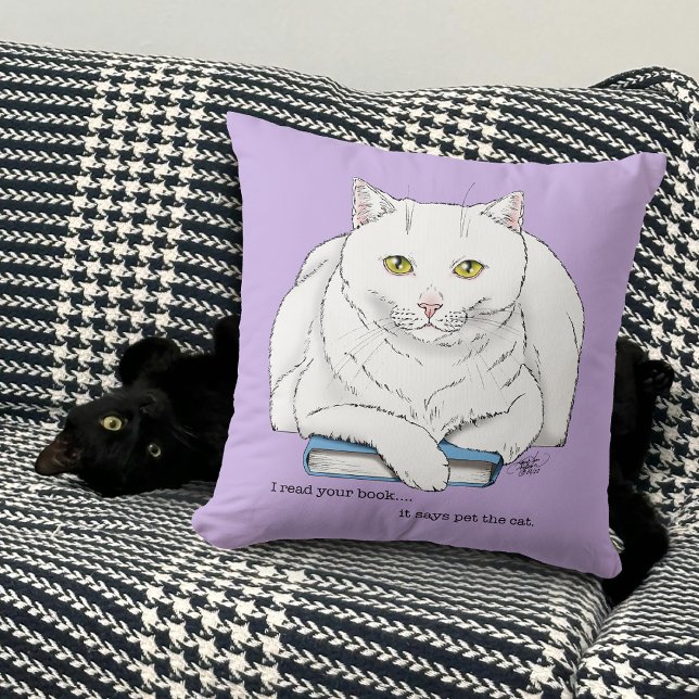 Coussin Livre de chat blanc drôle lisant humour violet (Créateur téléchargé)