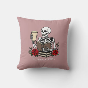 Coussin Livre et café drôle pour un squelette amateur 