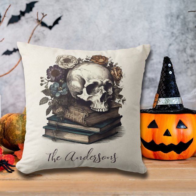 Coussin Livres crâniens vintages Dark Academia Halloween (Créateur téléchargé)