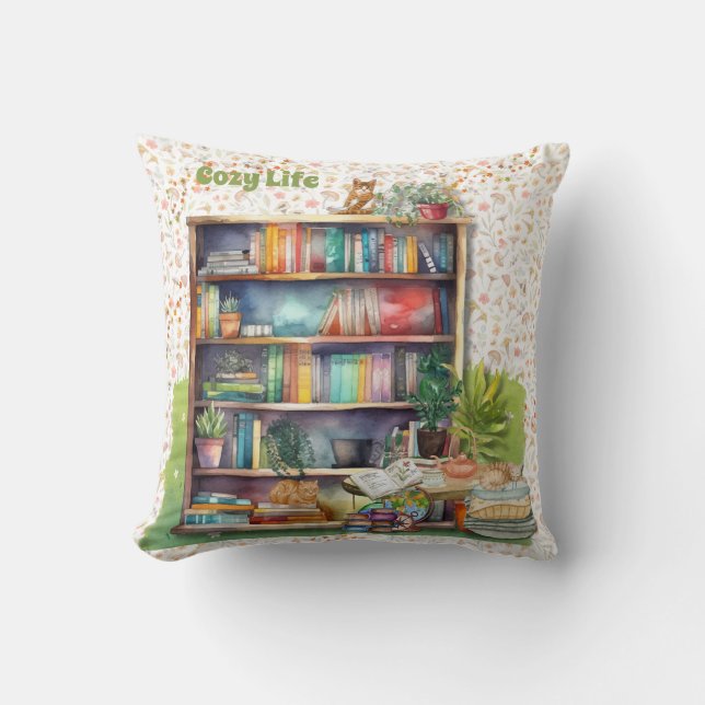 Coussin Livres et Amoureux de les chats Hygge Anniversaire (Recto)