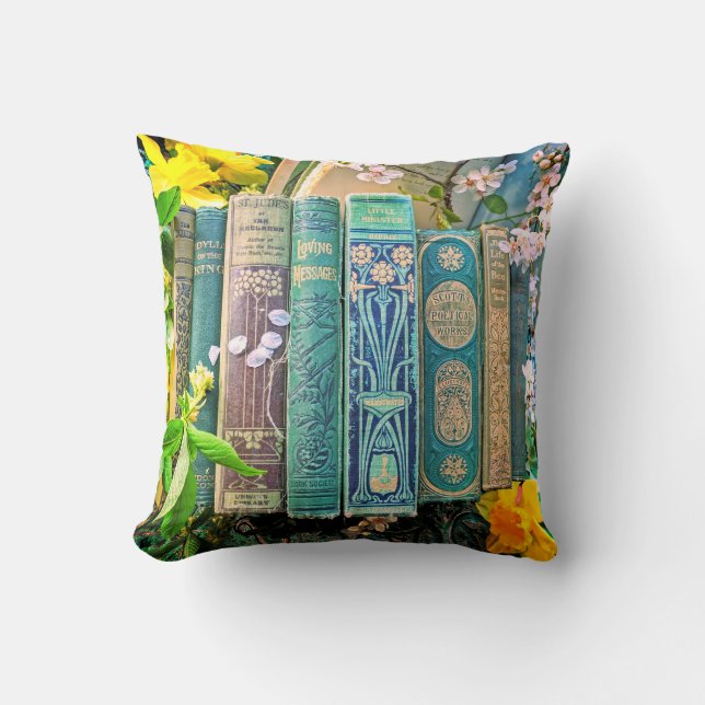 Coussin Livres Spines and Blossoms (vert) (Recto)