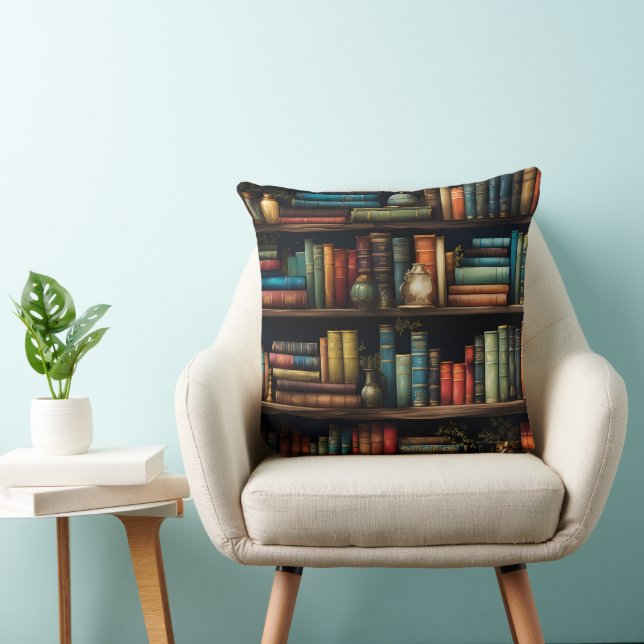 Coussin Livres vintages sur Motif de bibliothèque (Chaise)