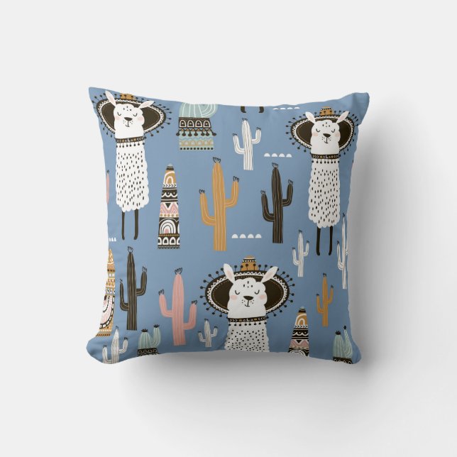 Coussin Llama, Cactus, Motif d'éléments à main. (Recto)