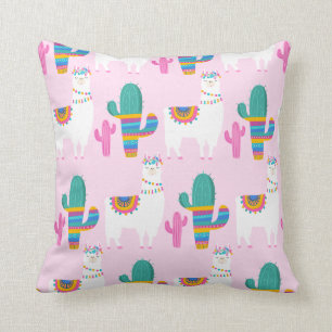 Coussin Llama du désert rose et Motif de Cactus