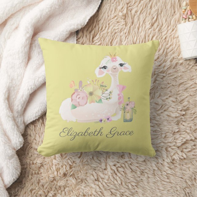 Coussin Llama Jaune et Blanc avec Fleurs Baby (Couverture)