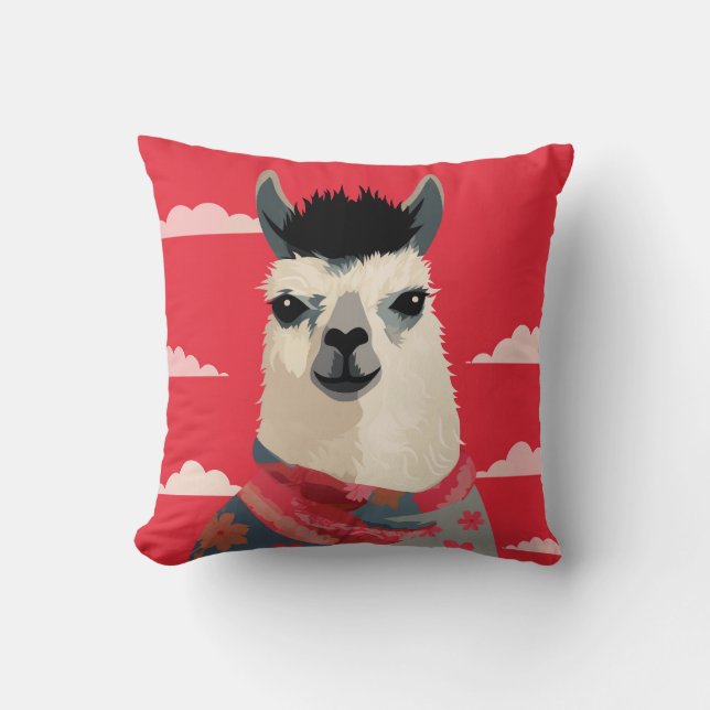Coussin Llama Portant un écusson Floral Sous Ciel Rouge (Recto)