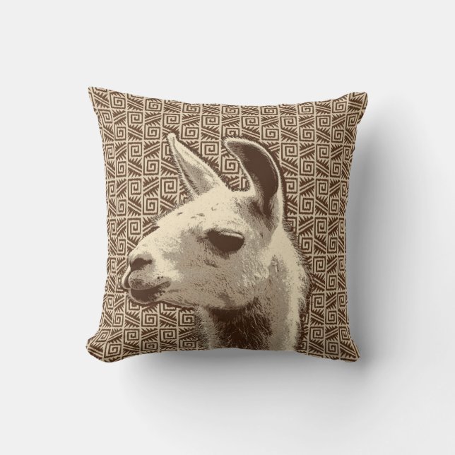 Coussin Llama Portrait sur Aztec Motif, Beige & Brown (Recto)