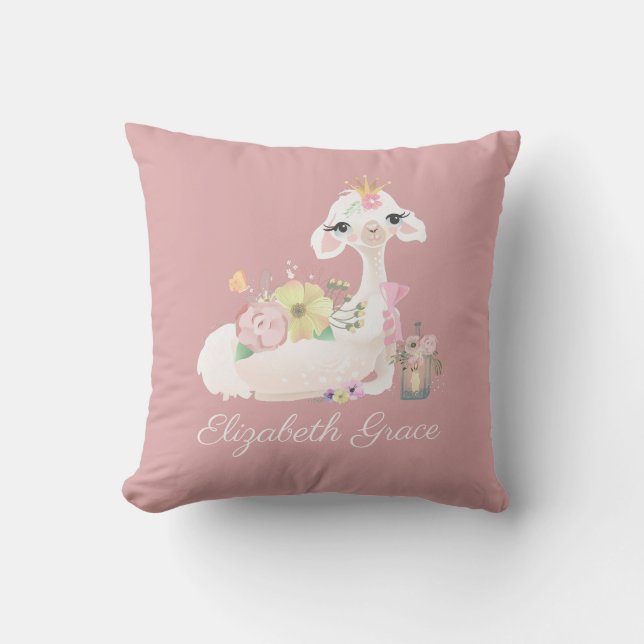 Coussin Llama rose et blanc avec des fleurs féminines (Recto)