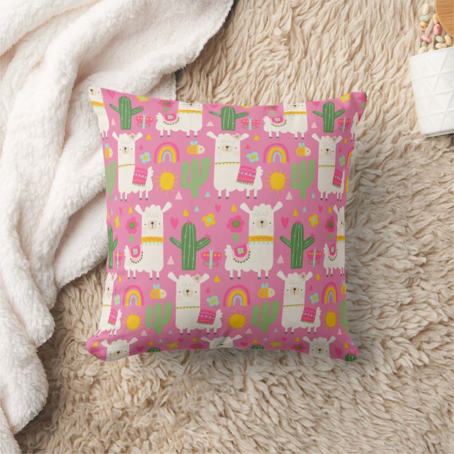 Coussin Llamas Mignons Filles Cactus Vert Arcs-en-ciel Ros (Couverture)