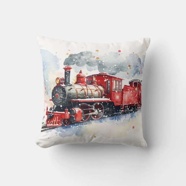 Coussin Locomotive Rouge En Hiver (Recto)