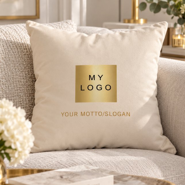 Coussin Logo d'entreprise de slogan doré crème (Créateur téléchargé)