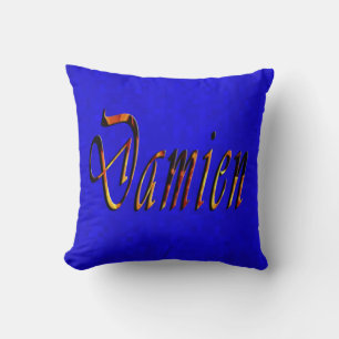 Coussin Logo Du Nom De Damien Sur La Mosaïque Bleue Chaude